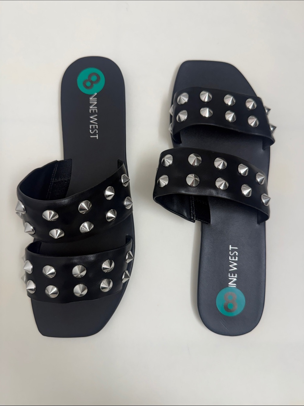 Nine West Black Double-Band Stud Slide Sandals